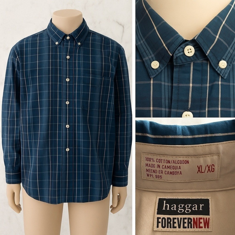 Haggar Forever New Men XL Shirt Blue Plaid Fade Wrinkle‎ Stain Resistant Dadcore